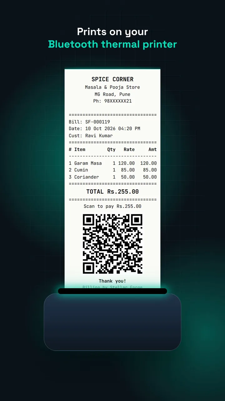 Printed thermal receipt from Stellar Forge Billing