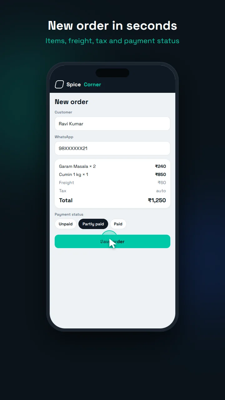 New order form with items, freight and payment status